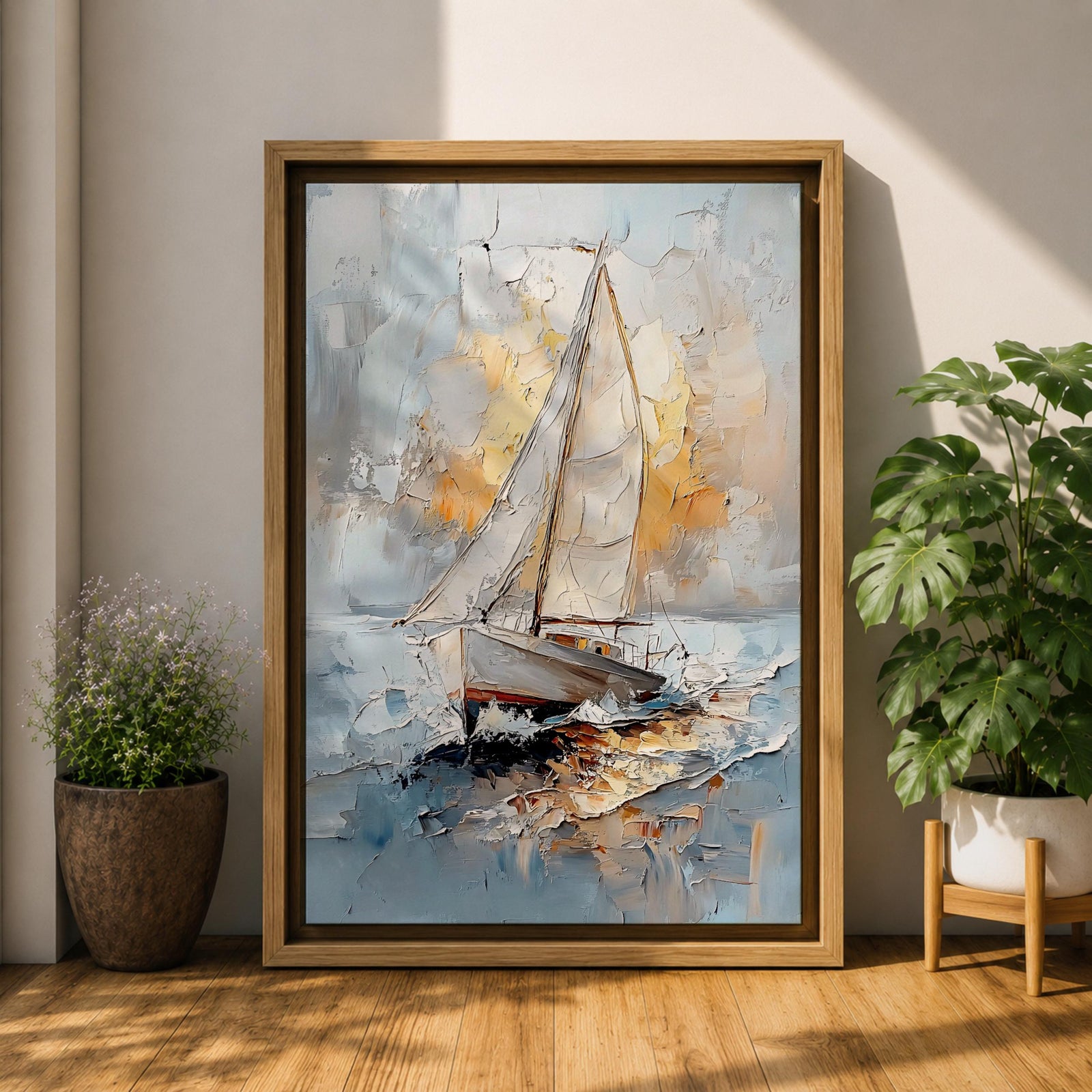 This artwork depicts a vintage-style sailboat with full sails navigating ocean waters. The textured impasto technique creates a dynamic seascape with waves and a glowing sky, emphasizing the classic nautical theme and the peaceful yet adventurous spirit of sailing.