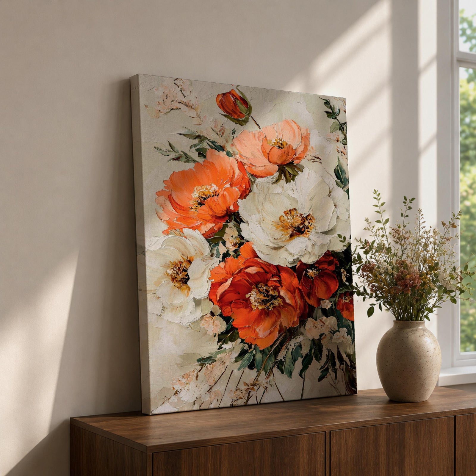 A framed canvas wall art featuring a vintage-style floral bouquet with large white and orange flowers and green leaves, painted with textured brushstrokes that create a classic and elegant floral composition.