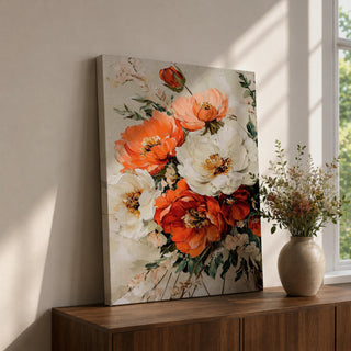 A framed canvas wall art featuring a vintage-style floral bouquet with large white and orange flowers and green leaves, painted with textured brushstrokes that create a classic and elegant floral composition.