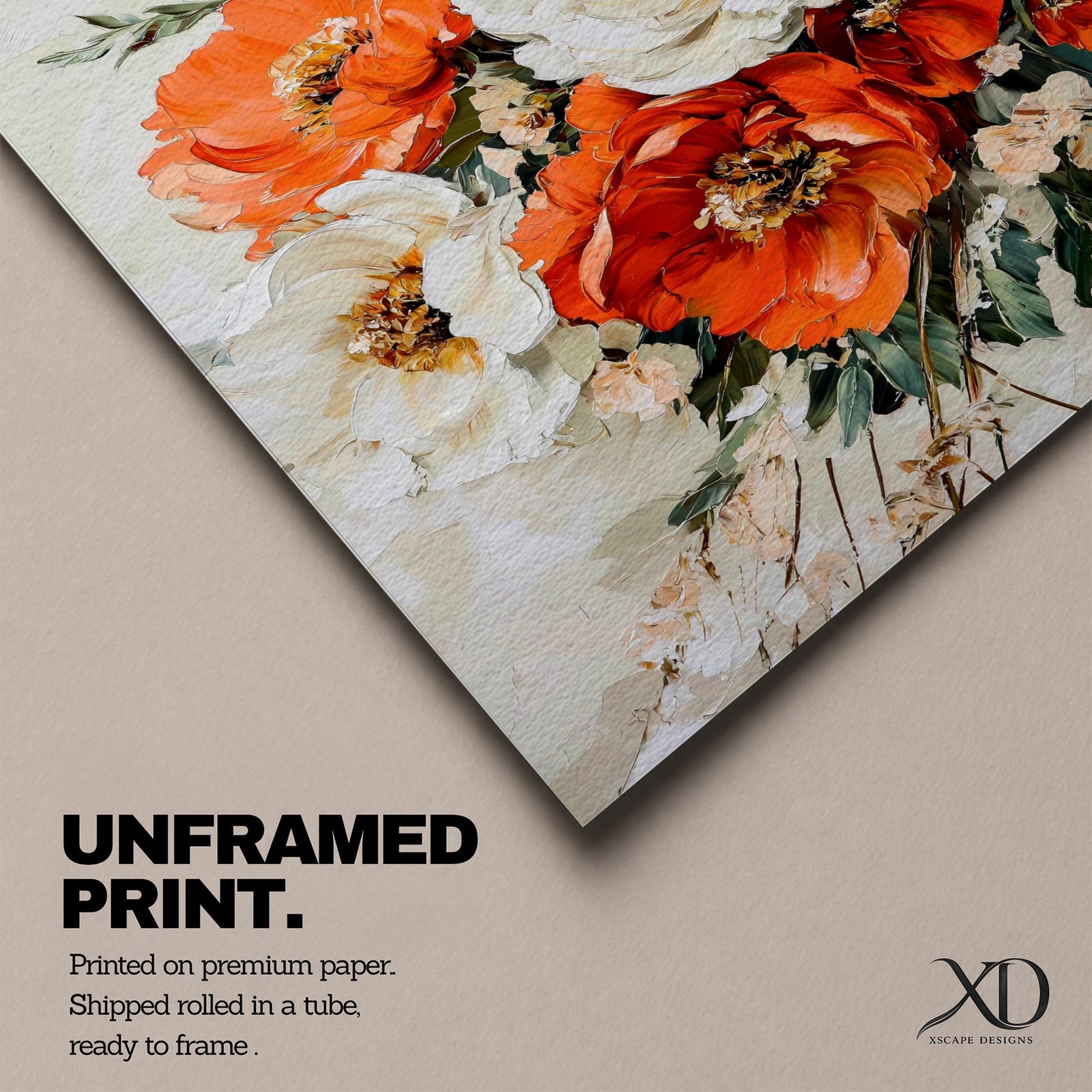 A framed canvas wall art featuring a vintage-style floral bouquet with large white and orange flowers and green leaves, painted with textured brushstrokes that create a classic and elegant floral composition.