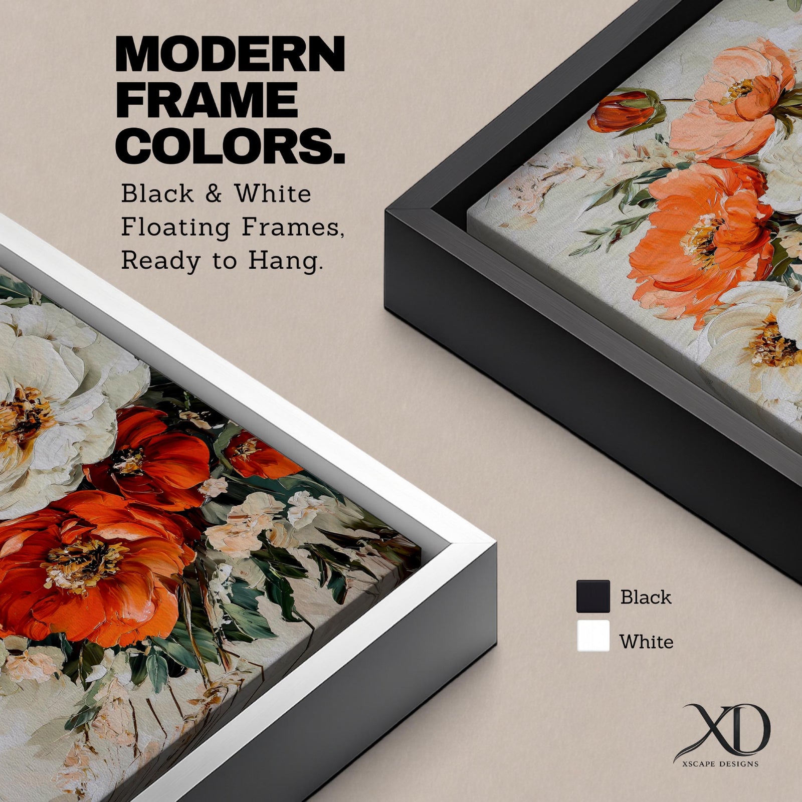 A framed canvas wall art featuring a vintage-style floral bouquet with large white and orange flowers and green leaves, painted with textured brushstrokes that create a classic and elegant floral composition.