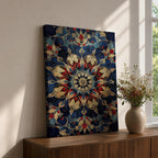 Intricate Islamic geometric mandala pattern featuring symmetrical arabesque floral motifs in deep blue, gold, and red tones arranged in a radial mosaic design, creating an ornate ornamental pattern inspired by traditional Islamic tilework and decorative architecture.