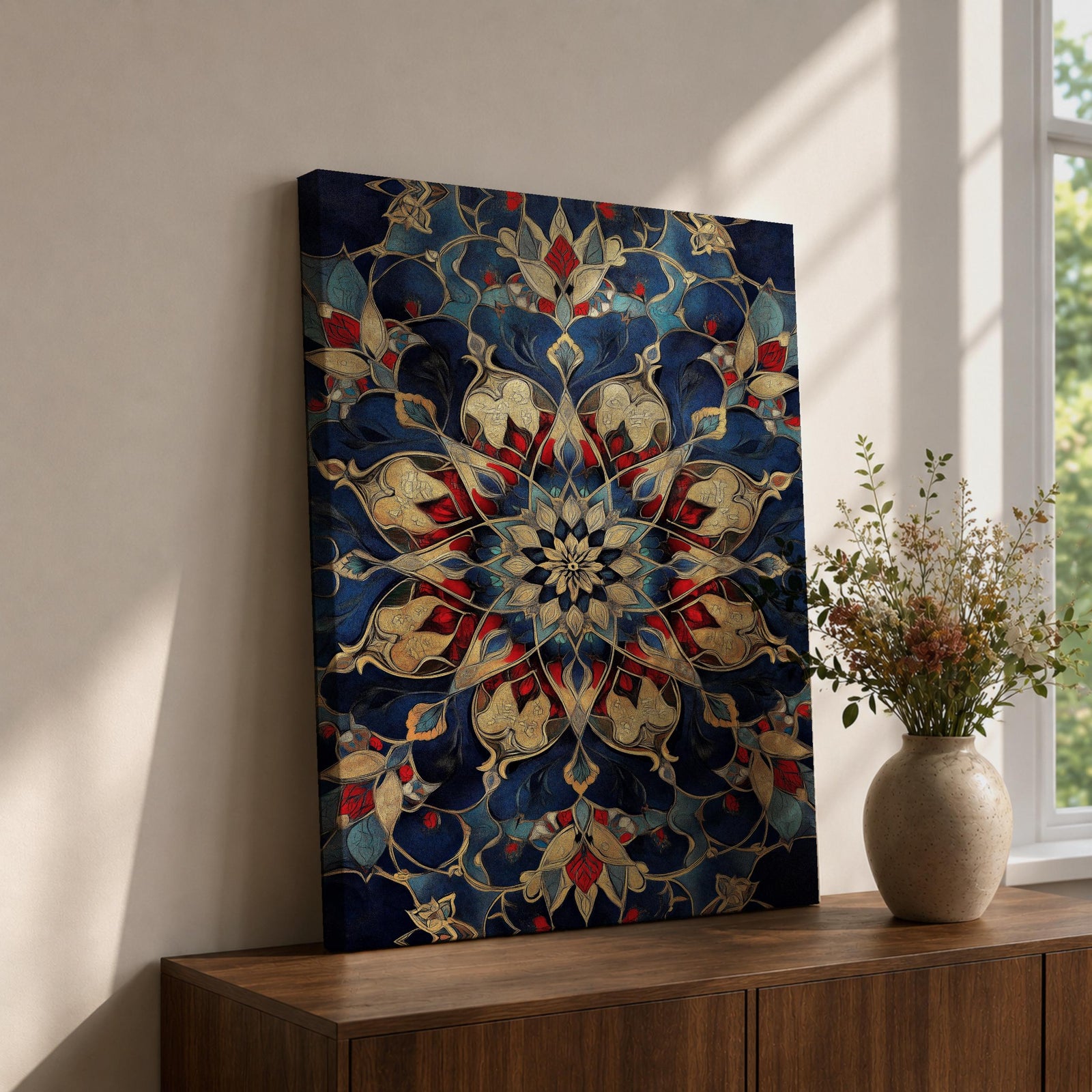 Intricate Islamic geometric mandala pattern featuring symmetrical arabesque floral motifs in deep blue, gold, and red tones arranged in a radial mosaic design, creating an ornate ornamental pattern inspired by traditional Islamic tilework and decorative architecture.
