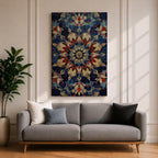 Intricate Islamic geometric mandala pattern featuring symmetrical arabesque floral motifs in deep blue, gold, and red tones arranged in a radial mosaic design, creating an ornate ornamental pattern inspired by traditional Islamic tilework and decorative architecture.