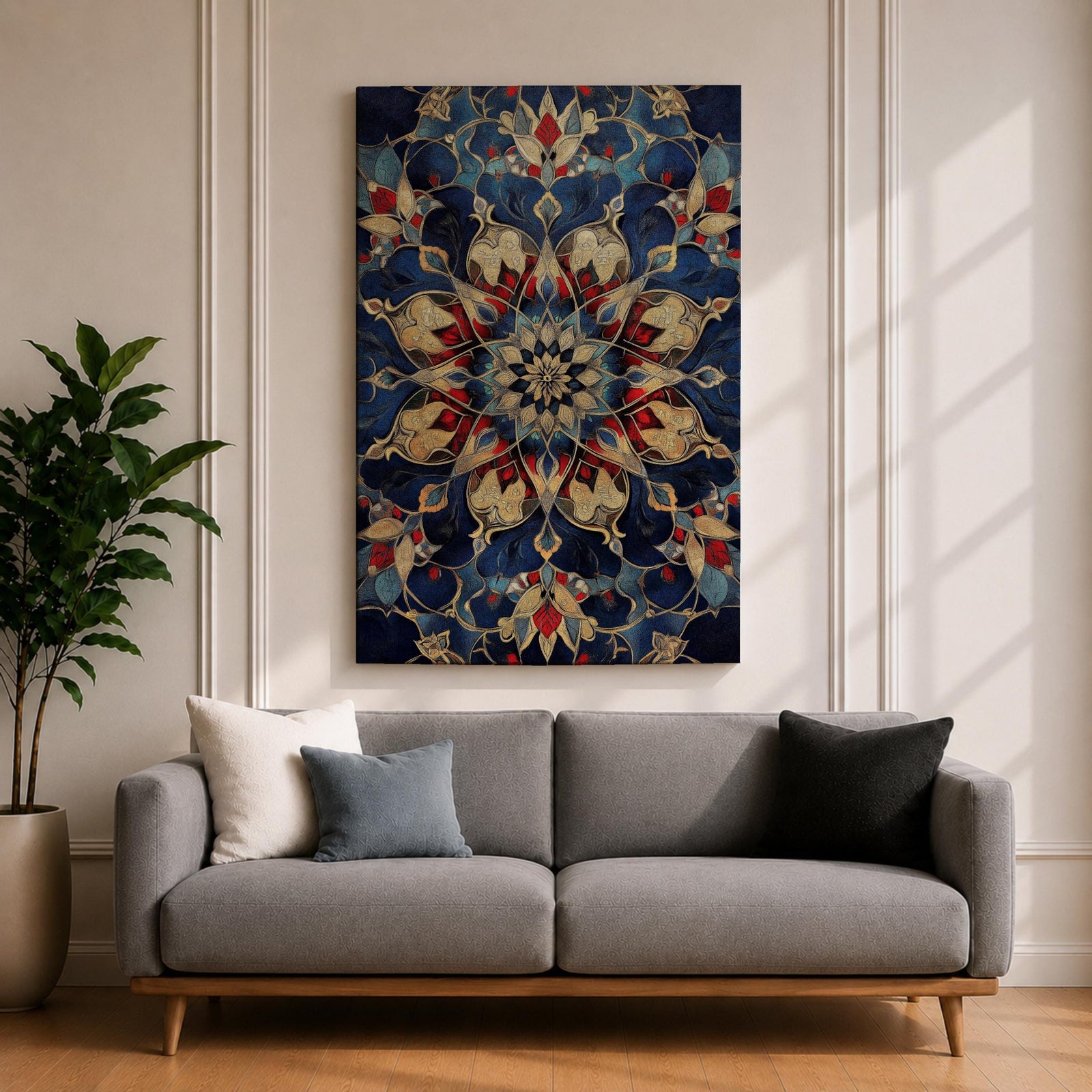 Intricate Islamic geometric mandala pattern featuring symmetrical arabesque floral motifs in deep blue, gold, and red tones arranged in a radial mosaic design, creating an ornate ornamental pattern inspired by traditional Islamic tilework and decorative architecture.