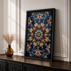 Intricate Islamic geometric mandala pattern featuring symmetrical arabesque floral motifs in deep blue, gold, and red tones arranged in a radial mosaic design, creating an ornate ornamental pattern inspired by traditional Islamic tilework and decorative architecture.