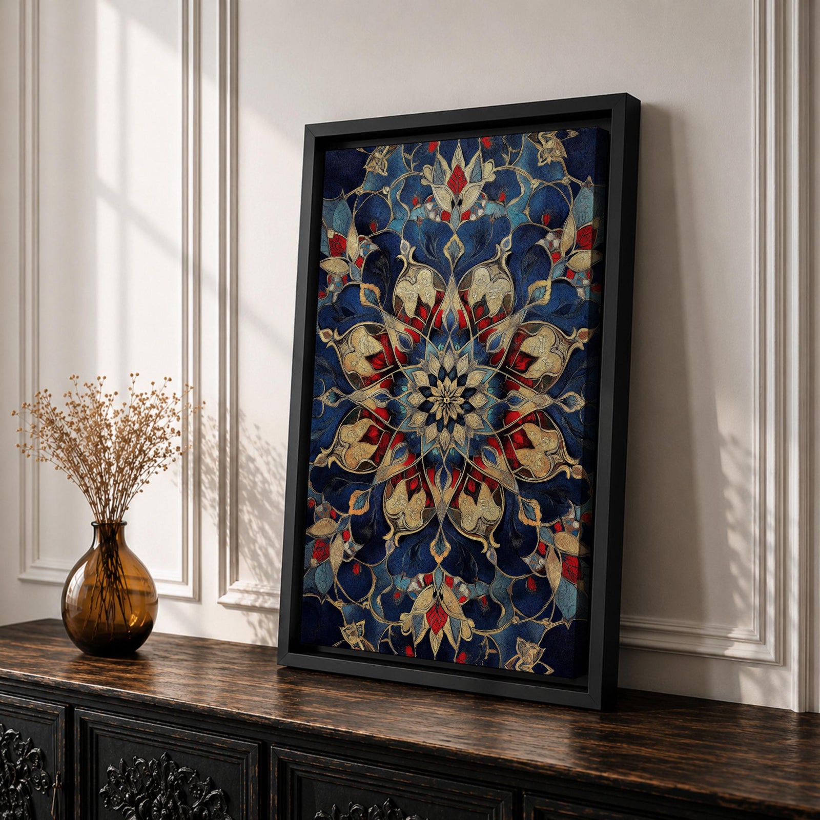 Intricate Islamic geometric mandala pattern featuring symmetrical arabesque floral motifs in deep blue, gold, and red tones arranged in a radial mosaic design, creating an ornate ornamental pattern inspired by traditional Islamic tilework and decorative architecture.