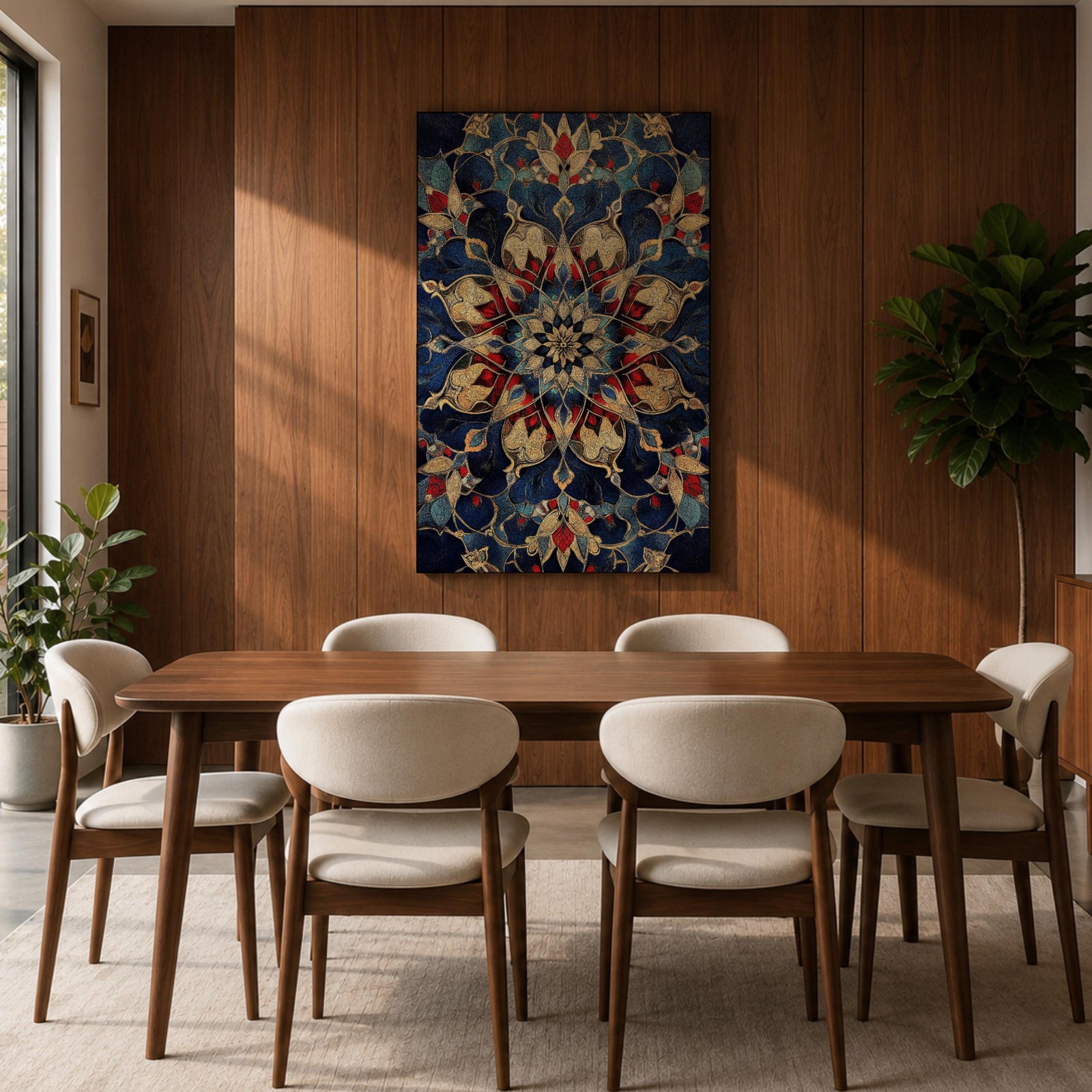 Intricate Islamic geometric mandala pattern featuring symmetrical arabesque floral motifs in deep blue, gold, and red tones arranged in a radial mosaic design, creating an ornate ornamental pattern inspired by traditional Islamic tilework and decorative architecture.