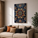 Intricate Islamic geometric mandala pattern featuring symmetrical arabesque floral motifs in deep blue, gold, and red tones arranged in a radial mosaic design, creating an ornate ornamental pattern inspired by traditional Islamic tilework and decorative architecture.
