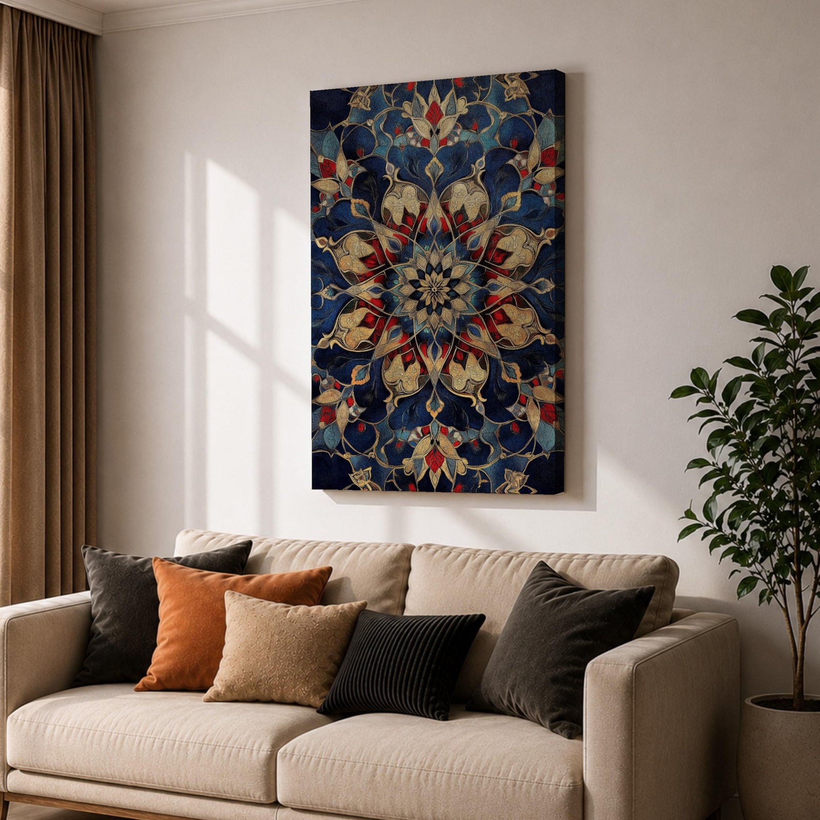 Intricate Islamic geometric mandala pattern featuring symmetrical arabesque floral motifs in deep blue, gold, and red tones arranged in a radial mosaic design, creating an ornate ornamental pattern inspired by traditional Islamic tilework and decorative architecture.