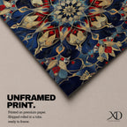 Intricate Islamic geometric mandala pattern featuring symmetrical arabesque floral motifs in deep blue, gold, and red tones arranged in a radial mosaic design, creating an ornate ornamental pattern inspired by traditional Islamic tilework and decorative architecture.
