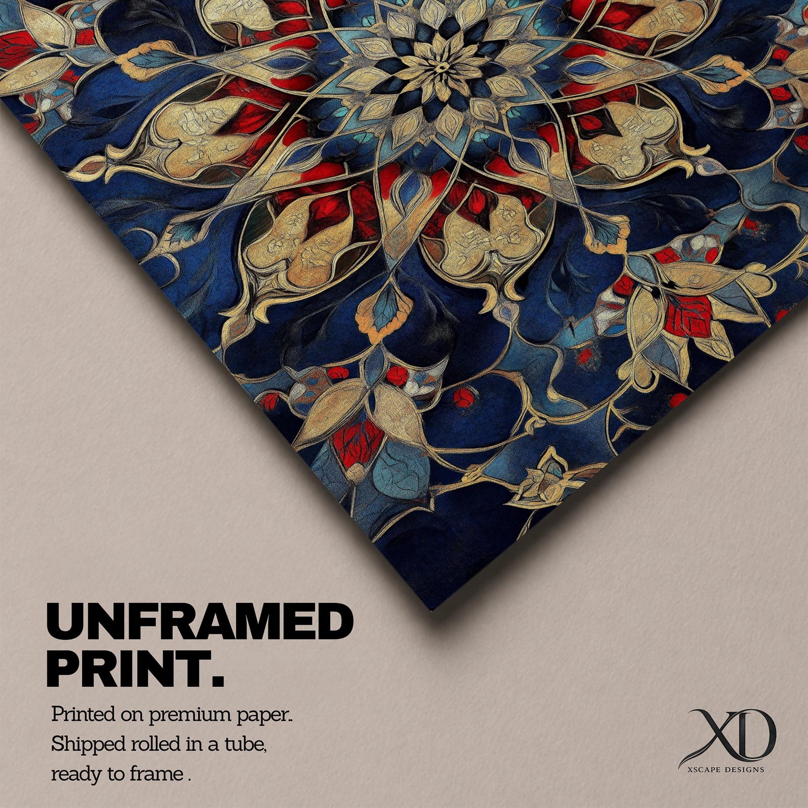 Intricate Islamic geometric mandala pattern featuring symmetrical arabesque floral motifs in deep blue, gold, and red tones arranged in a radial mosaic design, creating an ornate ornamental pattern inspired by traditional Islamic tilework and decorative architecture.