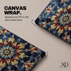 Intricate Islamic geometric mandala pattern featuring symmetrical arabesque floral motifs in deep blue, gold, and red tones arranged in a radial mosaic design, creating an ornate ornamental pattern inspired by traditional Islamic tilework and decorative architecture.
