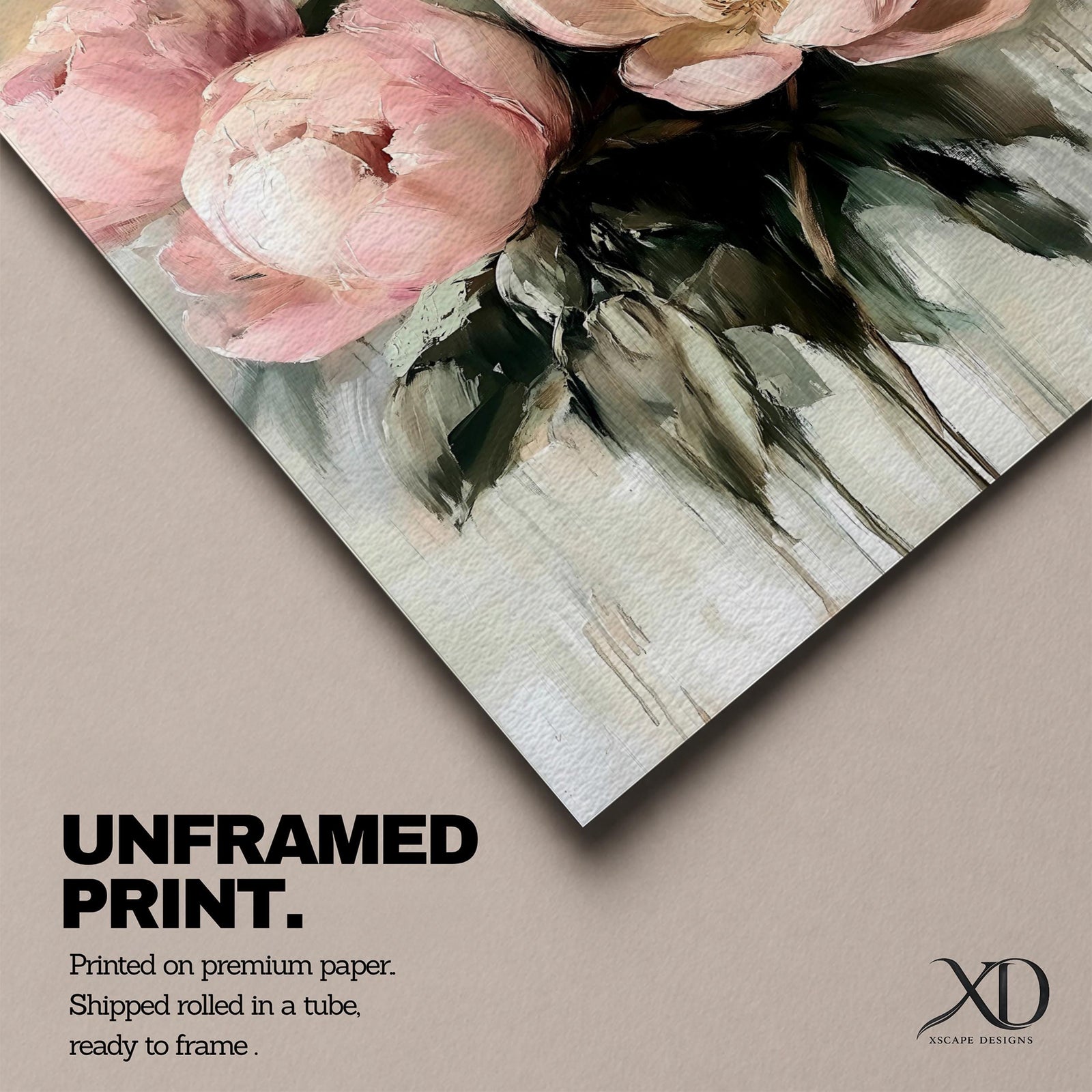 A framed watercolor painting of a peony bouquet featuring soft pink blooms with lush green leaves. The floral arrangement is rendered in a vintage botanical style with delicate brush strokes and subtle shading, capturing the natural beauty and texture of the flowers against a muted background.