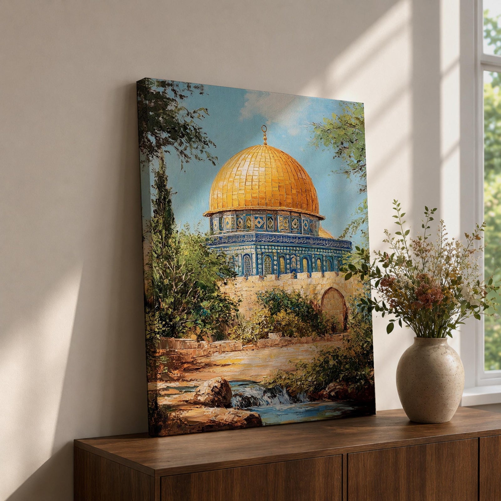 Textured painting of the Dome of the Rock in Jerusalem featuring the iconic golden dome and blue tile architecture surrounded by trees and garden paths, capturing the sacred Islamic shrine on the Temple Mount under a bright blue sky with warm sunlight.