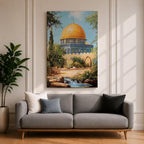 Textured painting of the Dome of the Rock in Jerusalem featuring the iconic golden dome and blue tile architecture surrounded by trees and garden paths, capturing the sacred Islamic shrine on the Temple Mount under a bright blue sky with warm sunlight.