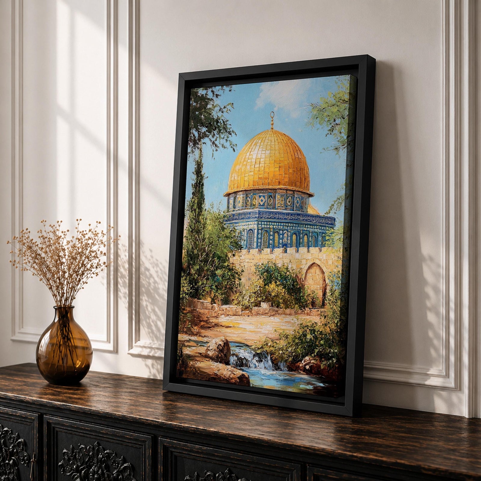 Textured painting of the Dome of the Rock in Jerusalem featuring the iconic golden dome and blue tile architecture surrounded by trees and garden paths, capturing the sacred Islamic shrine on the Temple Mount under a bright blue sky with warm sunlight.