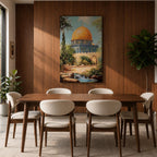 Textured painting of the Dome of the Rock in Jerusalem featuring the iconic golden dome and blue tile architecture surrounded by trees and garden paths, capturing the sacred Islamic shrine on the Temple Mount under a bright blue sky with warm sunlight.
