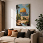 Textured painting of the Dome of the Rock in Jerusalem featuring the iconic golden dome and blue tile architecture surrounded by trees and garden paths, capturing the sacred Islamic shrine on the Temple Mount under a bright blue sky with warm sunlight.