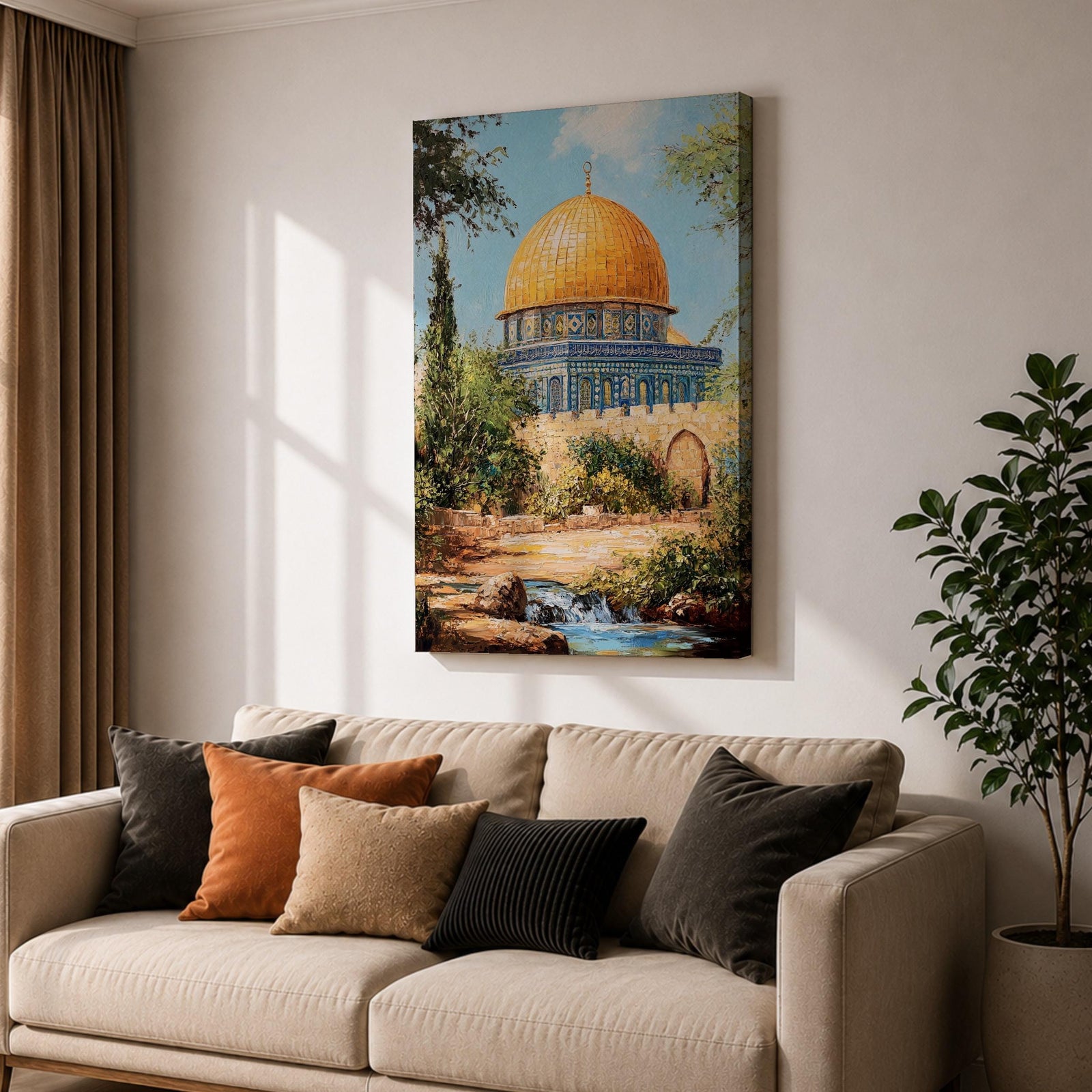 Textured painting of the Dome of the Rock in Jerusalem featuring the iconic golden dome and blue tile architecture surrounded by trees and garden paths, capturing the sacred Islamic shrine on the Temple Mount under a bright blue sky with warm sunlight.