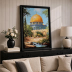 Textured painting of the Dome of the Rock in Jerusalem featuring the iconic golden dome and blue tile architecture surrounded by trees and garden paths, capturing the sacred Islamic shrine on the Temple Mount under a bright blue sky with warm sunlight.