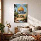 Textured painting of the Dome of the Rock in Jerusalem featuring the iconic golden dome and blue tile architecture surrounded by trees and garden paths, capturing the sacred Islamic shrine on the Temple Mount under a bright blue sky with warm sunlight.