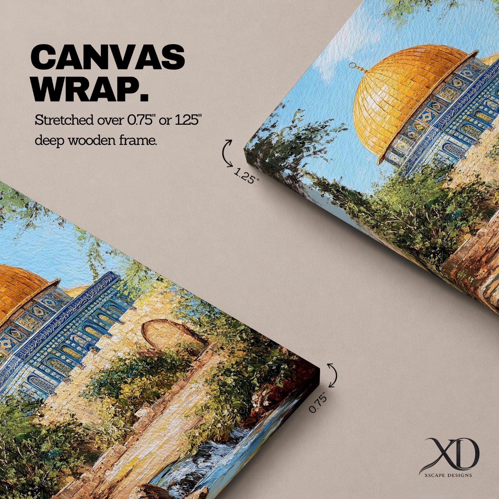 Textured painting of the Dome of the Rock in Jerusalem featuring the iconic golden dome and blue tile architecture surrounded by trees and garden paths, capturing the sacred Islamic shrine on the Temple Mount under a bright blue sky with warm sunlight.
