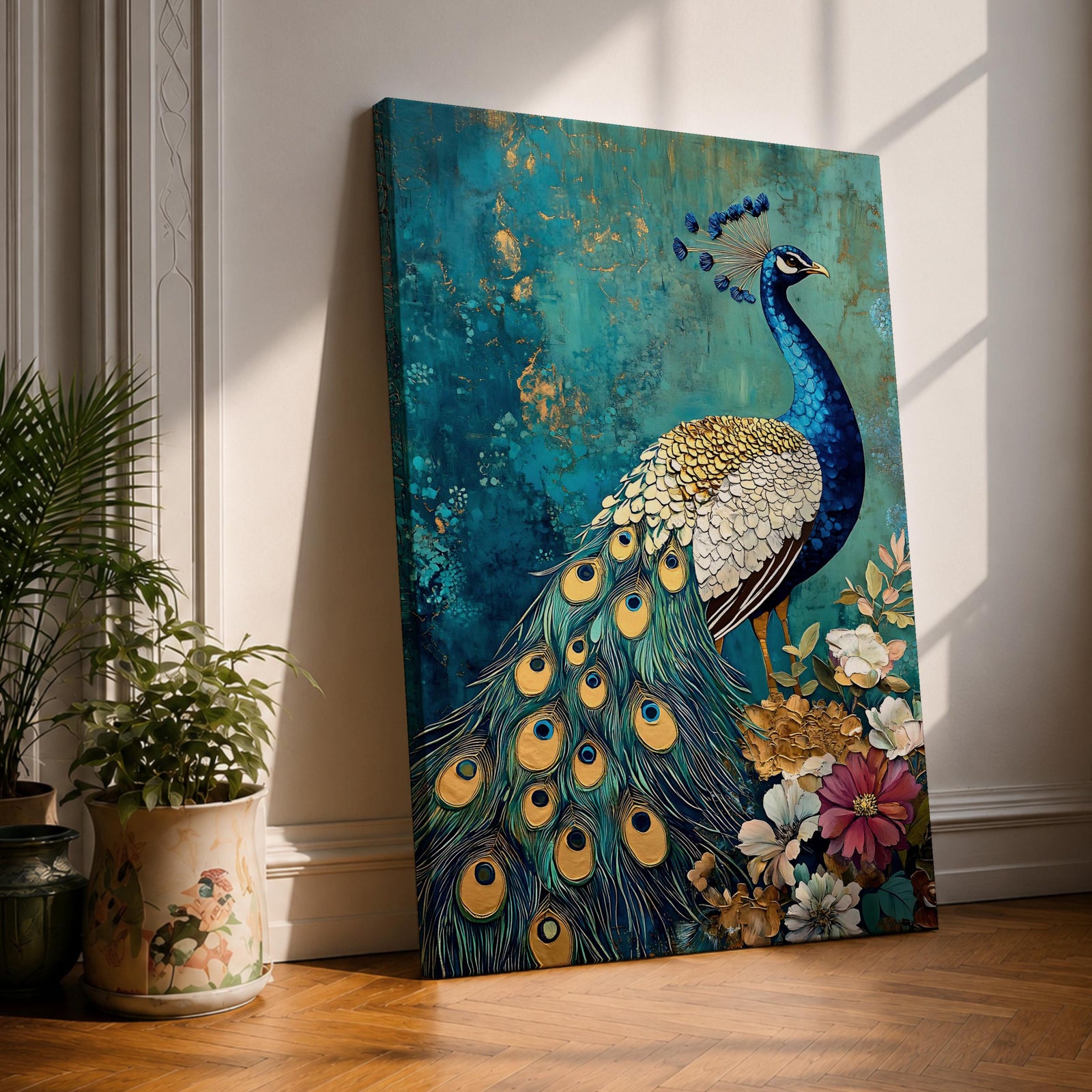 A detailed painting of a peacock standing gracefully with its vibrant tail feathers decorated with eye-like patterns. The bird is surrounded by flowers and foliage against a textured teal background, capturing the natural beauty and elegance of this iconic bird in a realistic style.