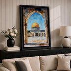 Masjid Al-Aqsa wall art showing the golden Dome of the Rock in Jerusalem framed through a historic stone archway. Islamic canvas artwork featuring the sacred mosque courtyard and architectural arches, perfect for Muslim home decor and mosque-inspired wall art.