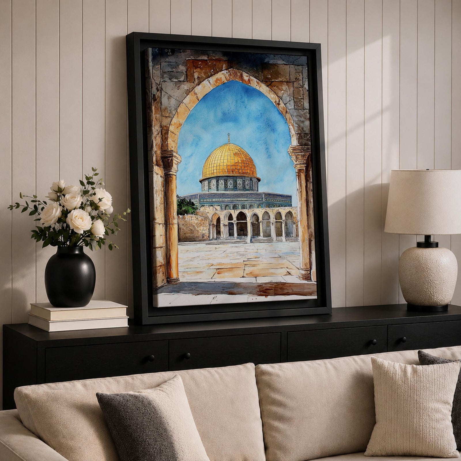 Masjid Al-Aqsa wall art showing the golden Dome of the Rock in Jerusalem framed through a historic stone archway. Islamic canvas artwork featuring the sacred mosque courtyard and architectural arches, perfect for Muslim home decor and mosque-inspired wall art.