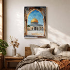 Masjid Al-Aqsa wall art showing the golden Dome of the Rock in Jerusalem framed through a historic stone archway. Islamic canvas artwork featuring the sacred mosque courtyard and architectural arches, perfect for Muslim home decor and mosque-inspired wall art.