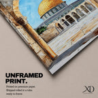 Masjid Al-Aqsa wall art showing the golden Dome of the Rock in Jerusalem framed through a historic stone archway. Islamic canvas artwork featuring the sacred mosque courtyard and architectural arches, perfect for Muslim home decor and mosque-inspired wall art.