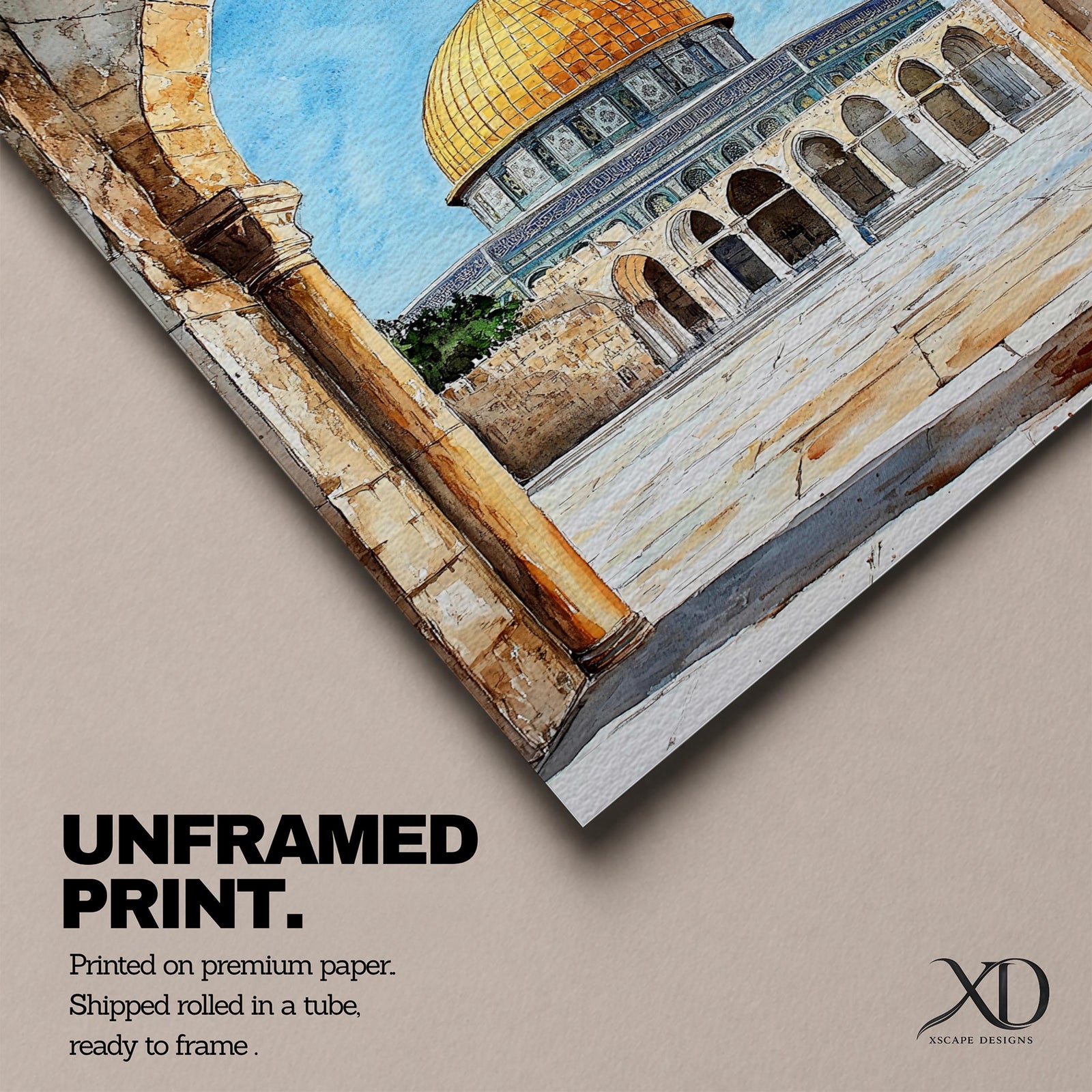 Masjid Al-Aqsa wall art showing the golden Dome of the Rock in Jerusalem framed through a historic stone archway. Islamic canvas artwork featuring the sacred mosque courtyard and architectural arches, perfect for Muslim home decor and mosque-inspired wall art.
