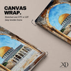 Masjid Al-Aqsa wall art showing the golden Dome of the Rock in Jerusalem framed through a historic stone archway. Islamic canvas artwork featuring the sacred mosque courtyard and architectural arches, perfect for Muslim home decor and mosque-inspired wall art.