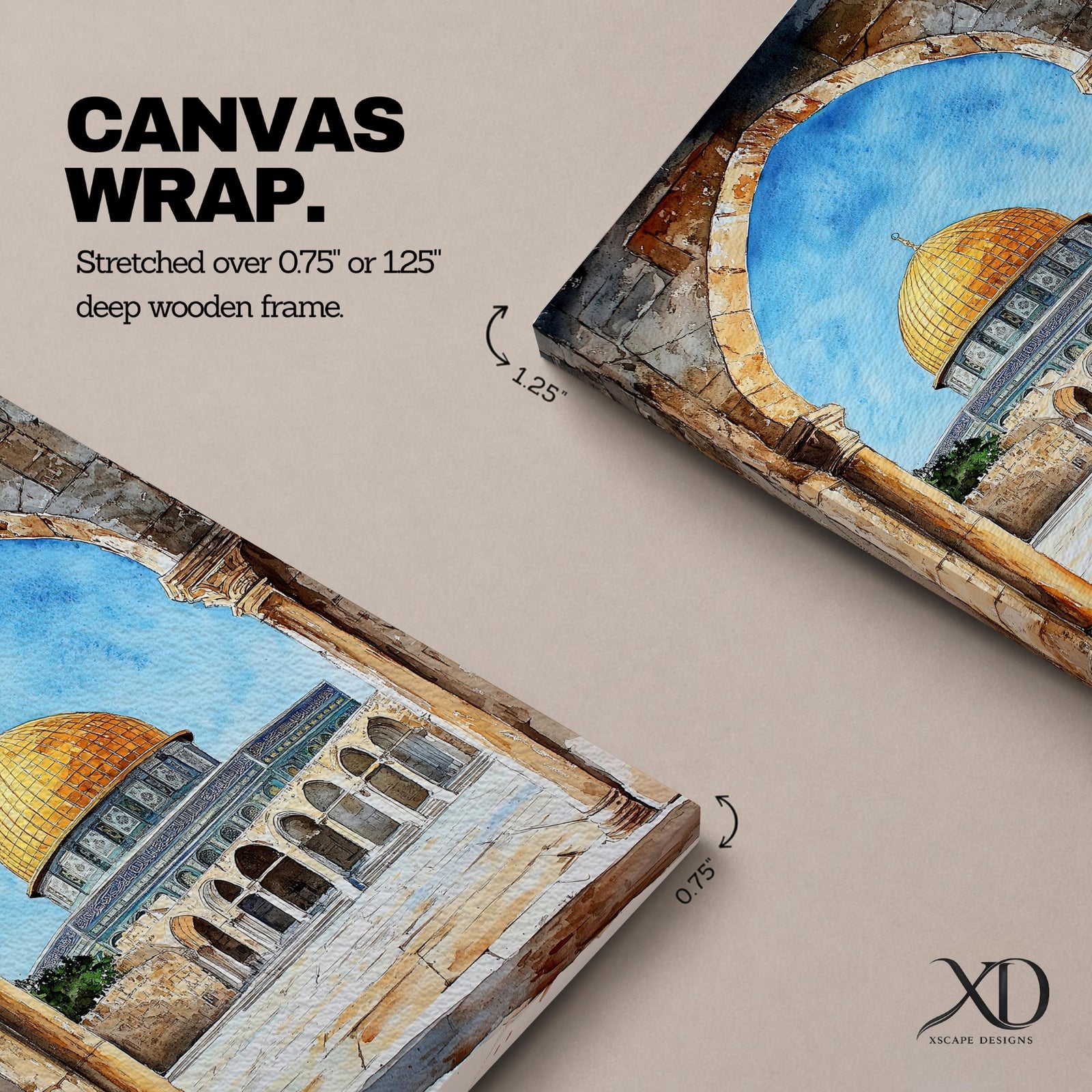 Masjid Al-Aqsa wall art showing the golden Dome of the Rock in Jerusalem framed through a historic stone archway. Islamic canvas artwork featuring the sacred mosque courtyard and architectural arches, perfect for Muslim home decor and mosque-inspired wall art.