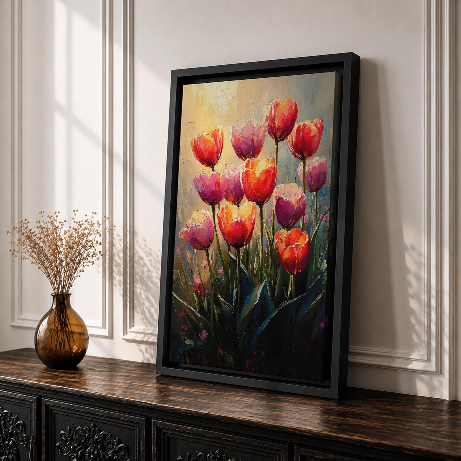 A vibrant painting of tulip flowers featuring multiple red, pink, and orange blooms with green stems and leaves. The artwork uses a textured impasto style with rich brushstrokes to create depth and dimension, capturing the natural beauty of tulips in a lively floral composition.