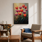 A vibrant painting of tulip flowers featuring multiple red, pink, and orange blooms with green stems and leaves. The artwork uses a textured impasto style with rich brushstrokes to create depth and dimension, capturing the natural beauty of tulips in a lively floral composition.
