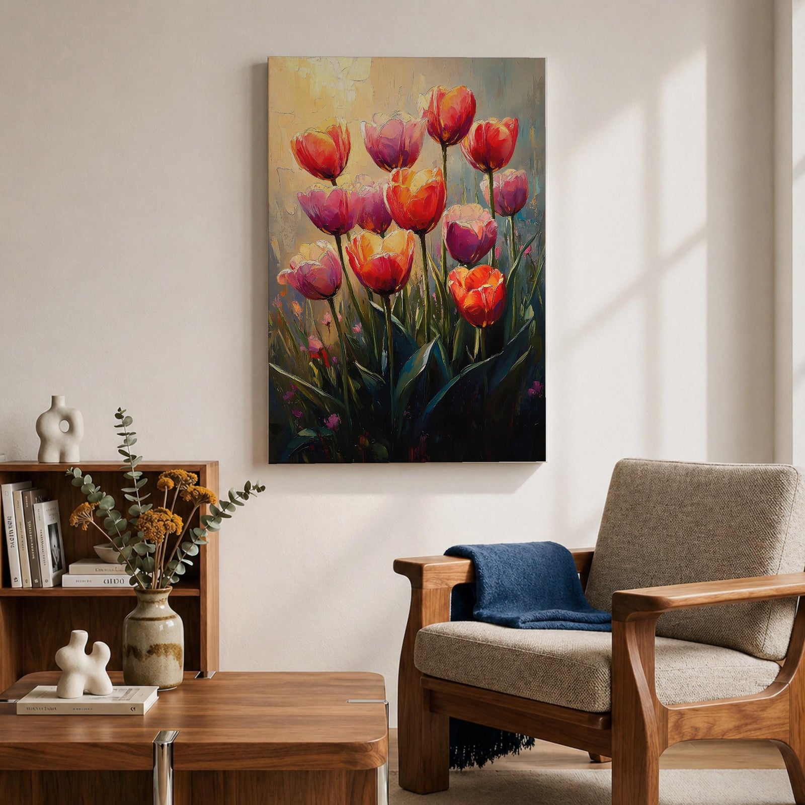 A vibrant painting of tulip flowers featuring multiple red, pink, and orange blooms with green stems and leaves. The artwork uses a textured impasto style with rich brushstrokes to create depth and dimension, capturing the natural beauty of tulips in a lively floral composition.