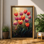 A vibrant painting of tulip flowers featuring multiple red, pink, and orange blooms with green stems and leaves. The artwork uses a textured impasto style with rich brushstrokes to create depth and dimension, capturing the natural beauty of tulips in a lively floral composition.