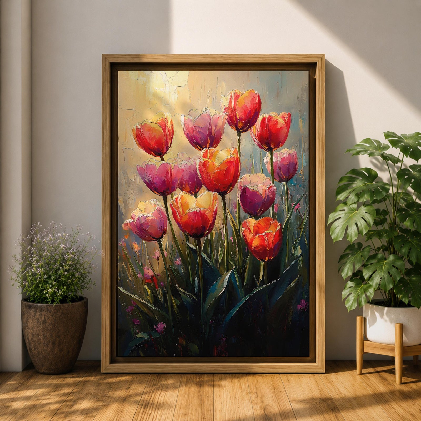 A vibrant painting of tulip flowers featuring multiple red, pink, and orange blooms with green stems and leaves. The artwork uses a textured impasto style with rich brushstrokes to create depth and dimension, capturing the natural beauty of tulips in a lively floral composition.