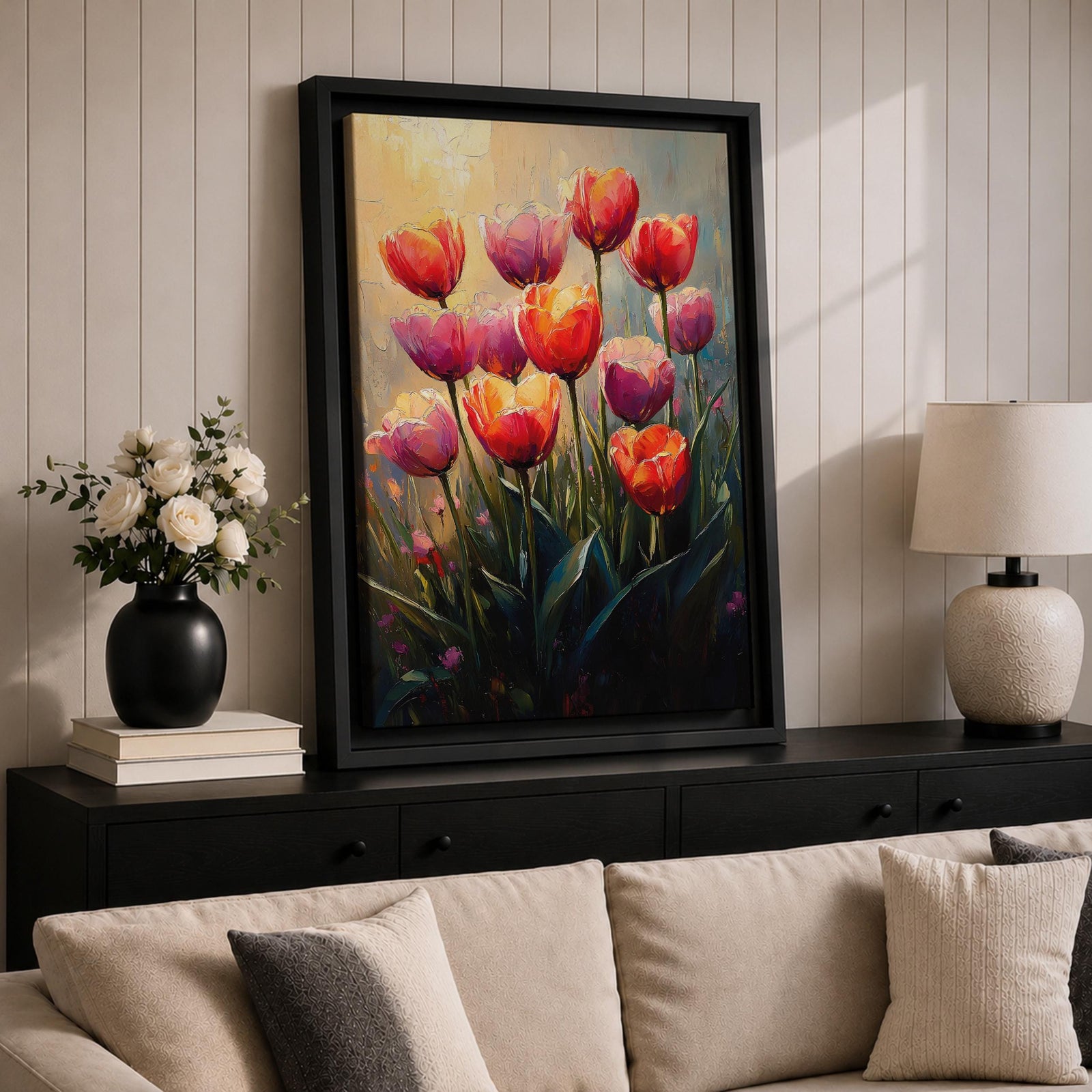A vibrant painting of tulip flowers featuring multiple red, pink, and orange blooms with green stems and leaves. The artwork uses a textured impasto style with rich brushstrokes to create depth and dimension, capturing the natural beauty of tulips in a lively floral composition.