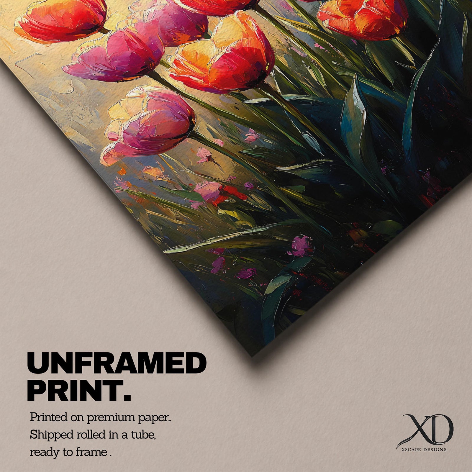 A vibrant painting of tulip flowers featuring multiple red, pink, and orange blooms with green stems and leaves. The artwork uses a textured impasto style with rich brushstrokes to create depth and dimension, capturing the natural beauty of tulips in a lively floral composition.