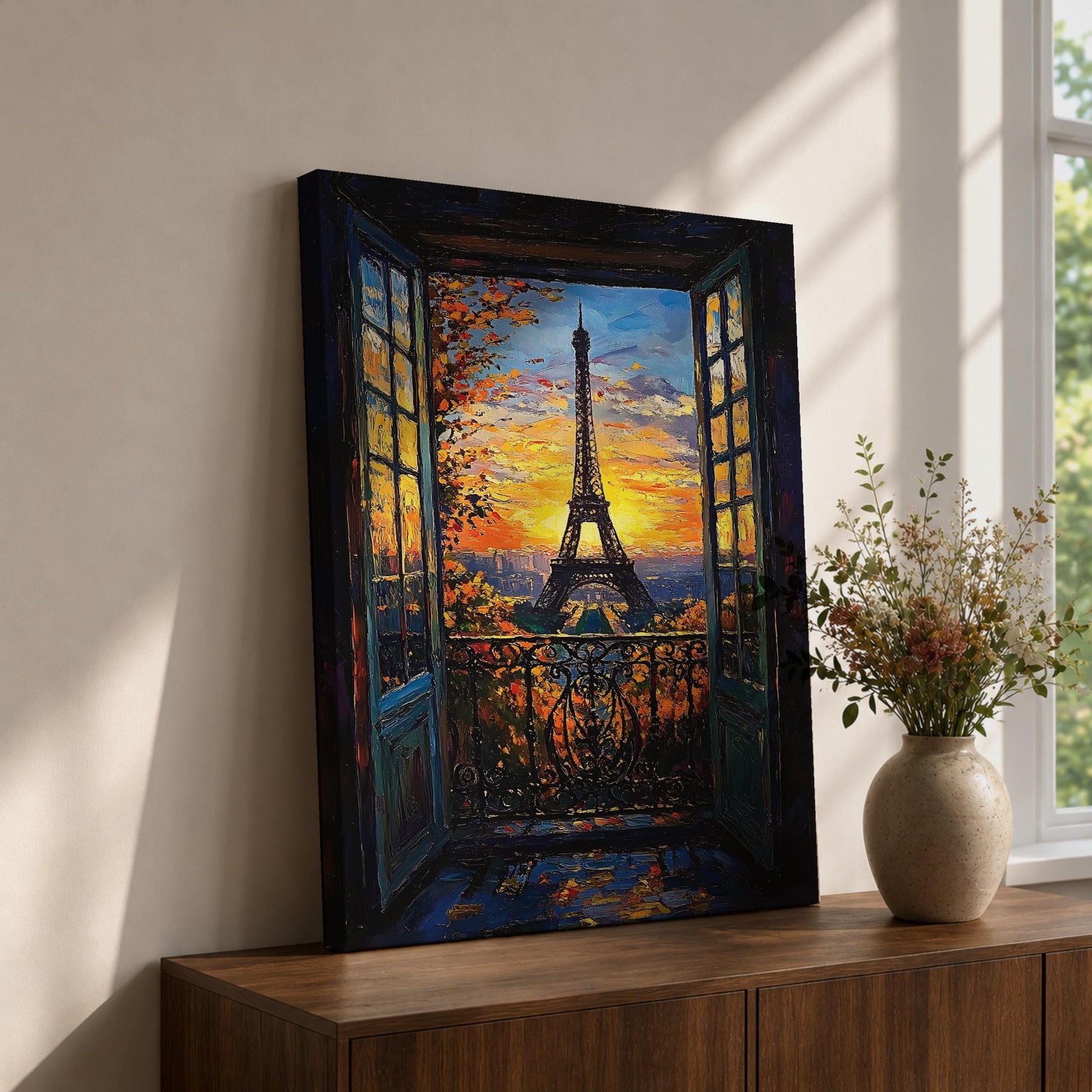An impasto style framed canvas painting depicting the Eiffel Tower viewed through open balcony doors at sunset. The textured brush strokes create vibrant foliage and sky details, capturing the iconic Paris landmark with rich color and depth in a cityscape composition.