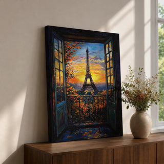 An impasto style framed canvas painting depicting the Eiffel Tower viewed through open balcony doors at sunset. The textured brush strokes create vibrant foliage and sky details, capturing the iconic Paris landmark with rich color and depth in a cityscape composition.