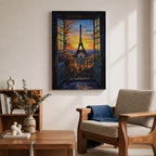 An impasto style framed canvas painting depicting the Eiffel Tower viewed through open balcony doors at sunset. The textured brush strokes create vibrant foliage and sky details, capturing the iconic Paris landmark with rich color and depth in a cityscape composition.