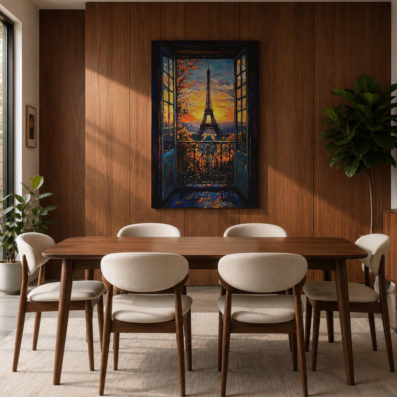 An impasto style framed canvas painting depicting the Eiffel Tower viewed through open balcony doors at sunset. The textured brush strokes create vibrant foliage and sky details, capturing the iconic Paris landmark with rich color and depth in a cityscape composition.