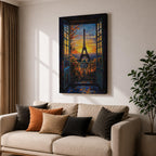 An impasto style framed canvas painting depicting the Eiffel Tower viewed through open balcony doors at sunset. The textured brush strokes create vibrant foliage and sky details, capturing the iconic Paris landmark with rich color and depth in a cityscape composition.