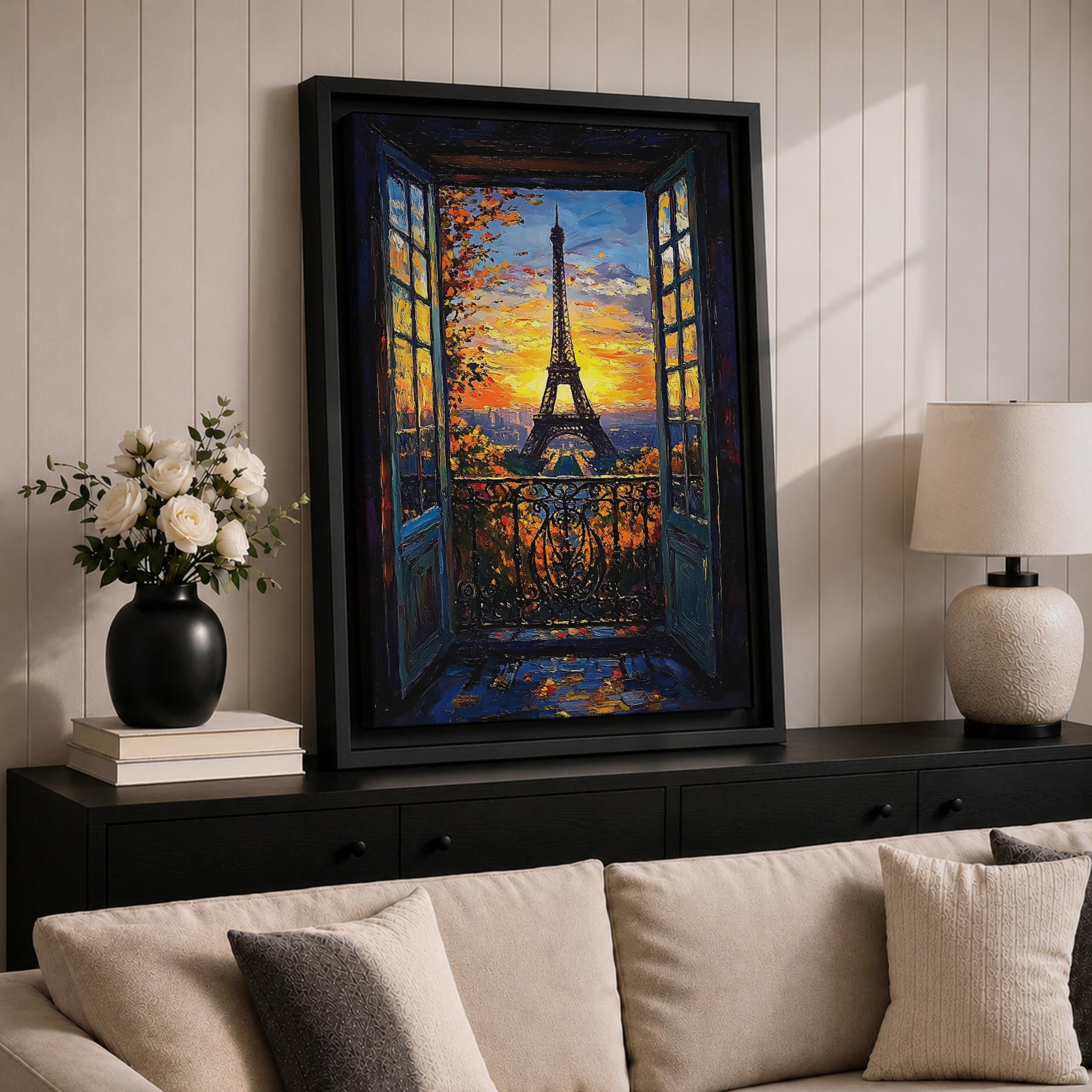 An impasto style framed canvas painting depicting the Eiffel Tower viewed through open balcony doors at sunset. The textured brush strokes create vibrant foliage and sky details, capturing the iconic Paris landmark with rich color and depth in a cityscape composition.