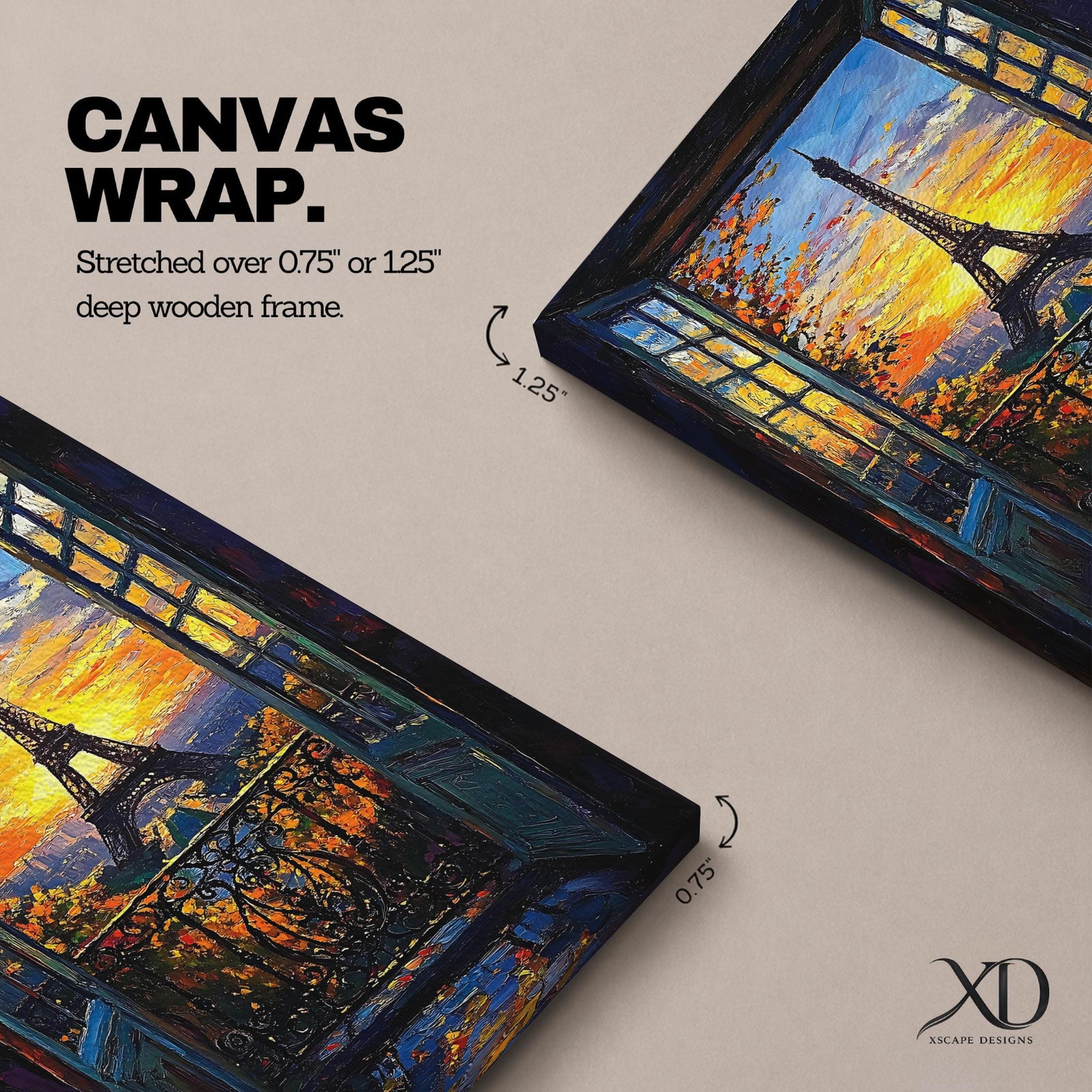 An impasto style framed canvas painting depicting the Eiffel Tower viewed through open balcony doors at sunset. The textured brush strokes create vibrant foliage and sky details, capturing the iconic Paris landmark with rich color and depth in a cityscape composition.