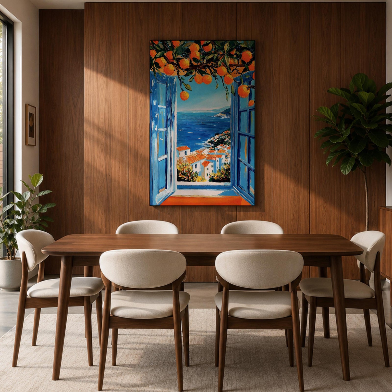 A vibrant framed canvas painting depicting an open Mediterranean-style window with blue shutters overlooking a coastal landscape. Above the window, ripe orange fruits hang from branches, framing a scenic view of white houses with terracotta roofs and a deep blue sea under a clear sky, rendered in a vivid, realistic style.